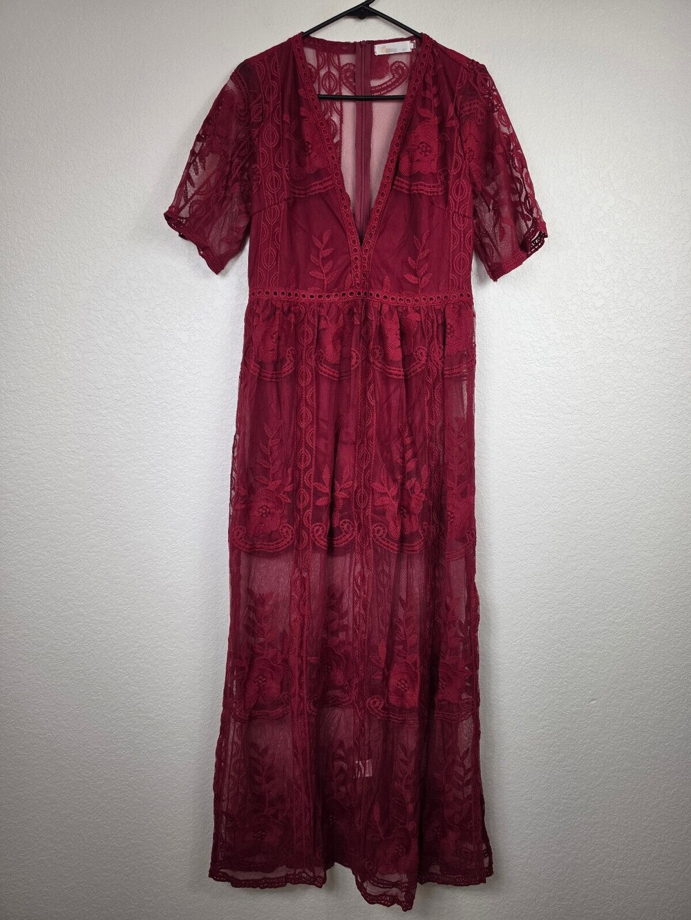 NWT Large Red Wine Merlot Lace Deep V Romper Maxi Dress